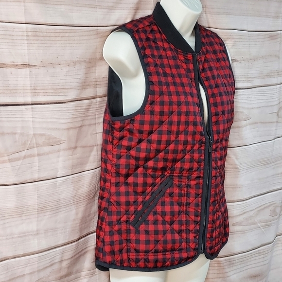 Old Navy vest red black check print quilted full zip pockets ribbed collar S - Picture 2 of 10